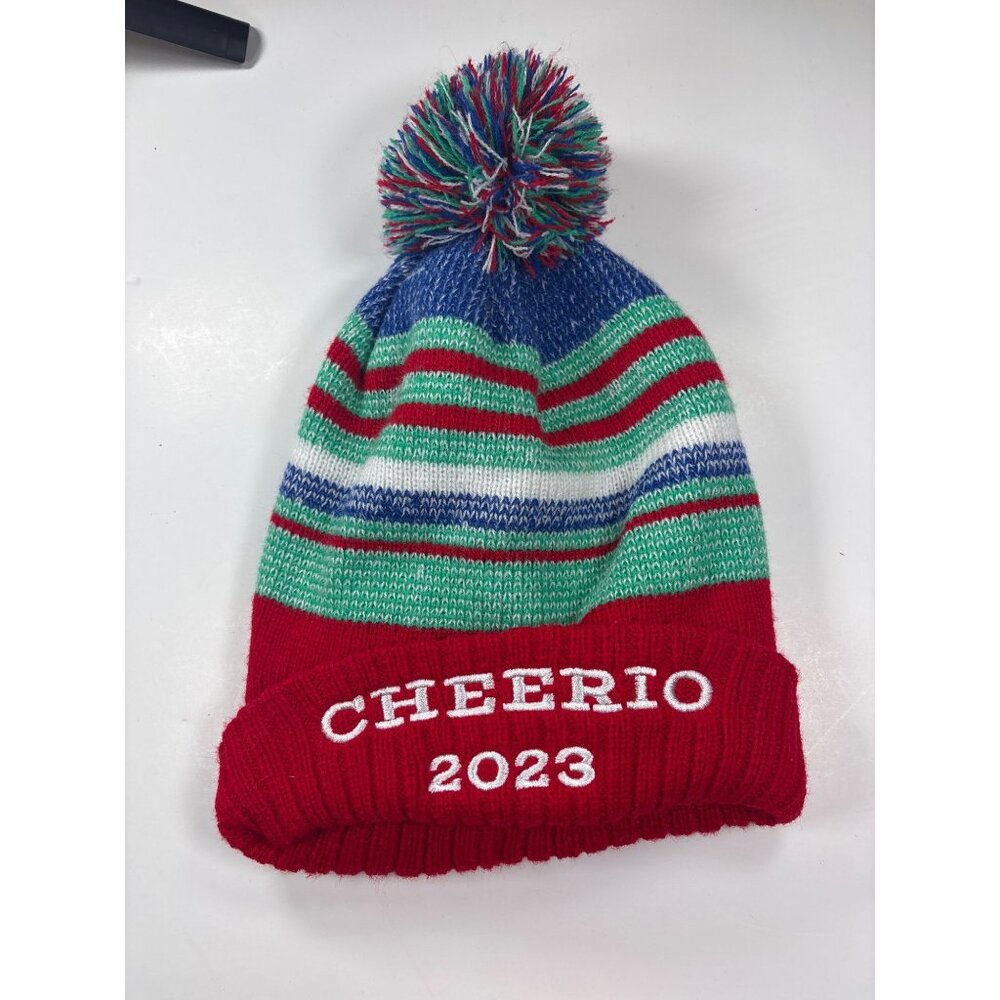 Camp Cheerio 2023 Knit Beanie Hat With Multicolor Stripes & Pom-Pom Design